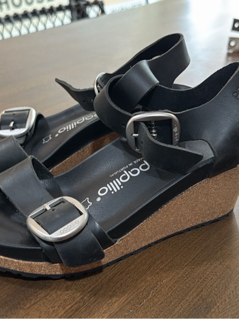 Black Cork Wedge Sandals with Buckle Straps - Papillio size 38